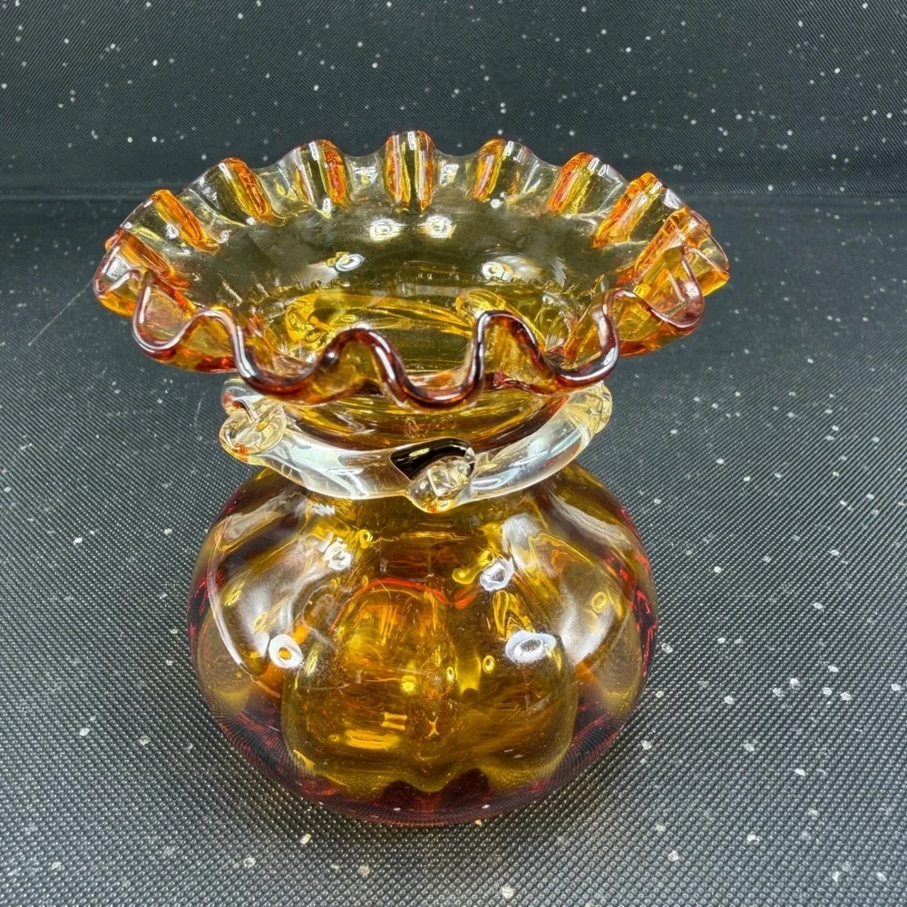 Amber Mid Century Hand Blown Glass Ruffled Bud Vase with Clear Rigaree 3inch